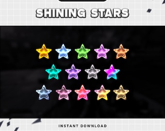 May include: A set of 12 shining star sub badges in various colors, including yellow, green, blue, purple, teal, pink, and orange. The stars are outlined in white and have a glowing effect. The text "SUB BADGES" and "SHINING STARS" is at the top of the image.
