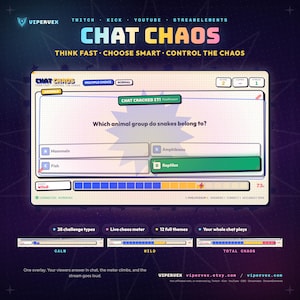 May include: A digital streaming overlay titled Chat Chaos featuring a multiple-choice quiz interface. The screen displays the question Which animal group do snakes belong to? with options A, B, C, and D. A progress bar, score, and streak counter are visible.