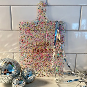 Let&#39;s Party Charcuterie Board | Bright Funky Serving Tray with Rainbow Glitter, Sprinkles and Gold Letters