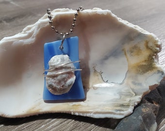 Stained Glass Pendant - Wire Wrapped Light Blue Stained Glass with Sea Shell