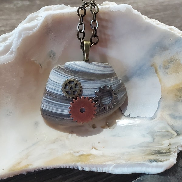 Sea Shell Pendant - Handpicked and Polished Quahog Sea Shell with Gear Charms