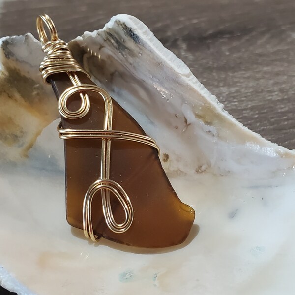 Sea Glass Pendant - Wire Wrapped Amber Sea Glass Pendant