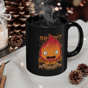 Calcifer Fire Demon Howl&#39;s bewegliches Schloss inspiriert 11 oz. Schwarzer Becher