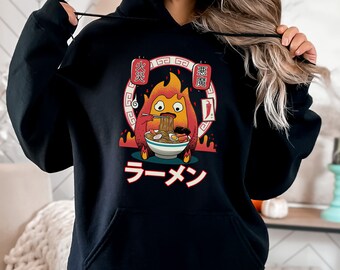 Calcifer Ramen Bluza z kapturem unisex inspirowana ruchomym zamkiem Hauru
