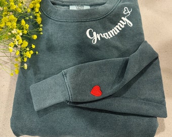 Comfort Colors® Custom Embroidered Grammy Sweatshirt, Embroidered Grandkids Names on Sleeve, New Grammy Sweater for Mother's Day