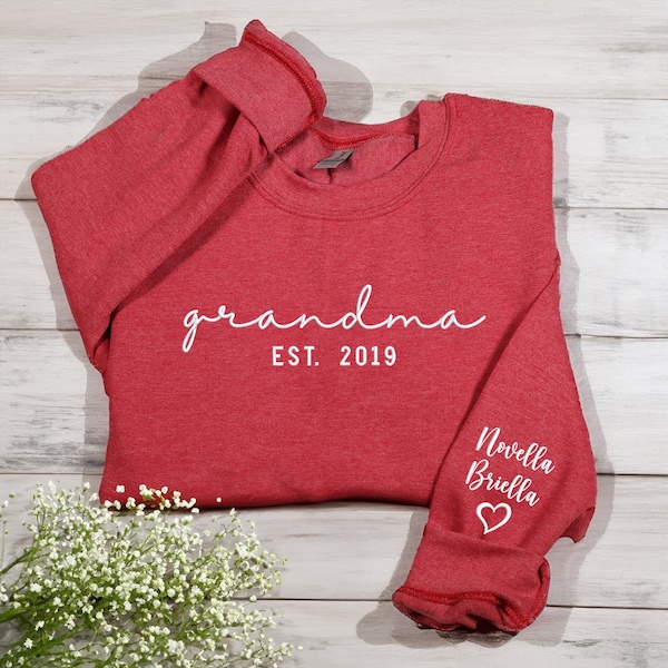 Embroidered Custom Grandma Sweatshirt with Grandkids Names on Sleeve, Est Date Mom Hoodie, Gift for Grandma, Minimalist Grandma Shirt