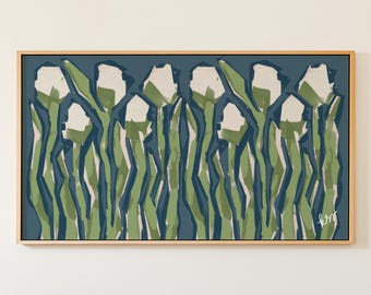 Colorful Navy Blue Green Tulips Frame TV Art, Hand Drawn Botanical Art for Samsung, Preppy Grandmillennial Decor
