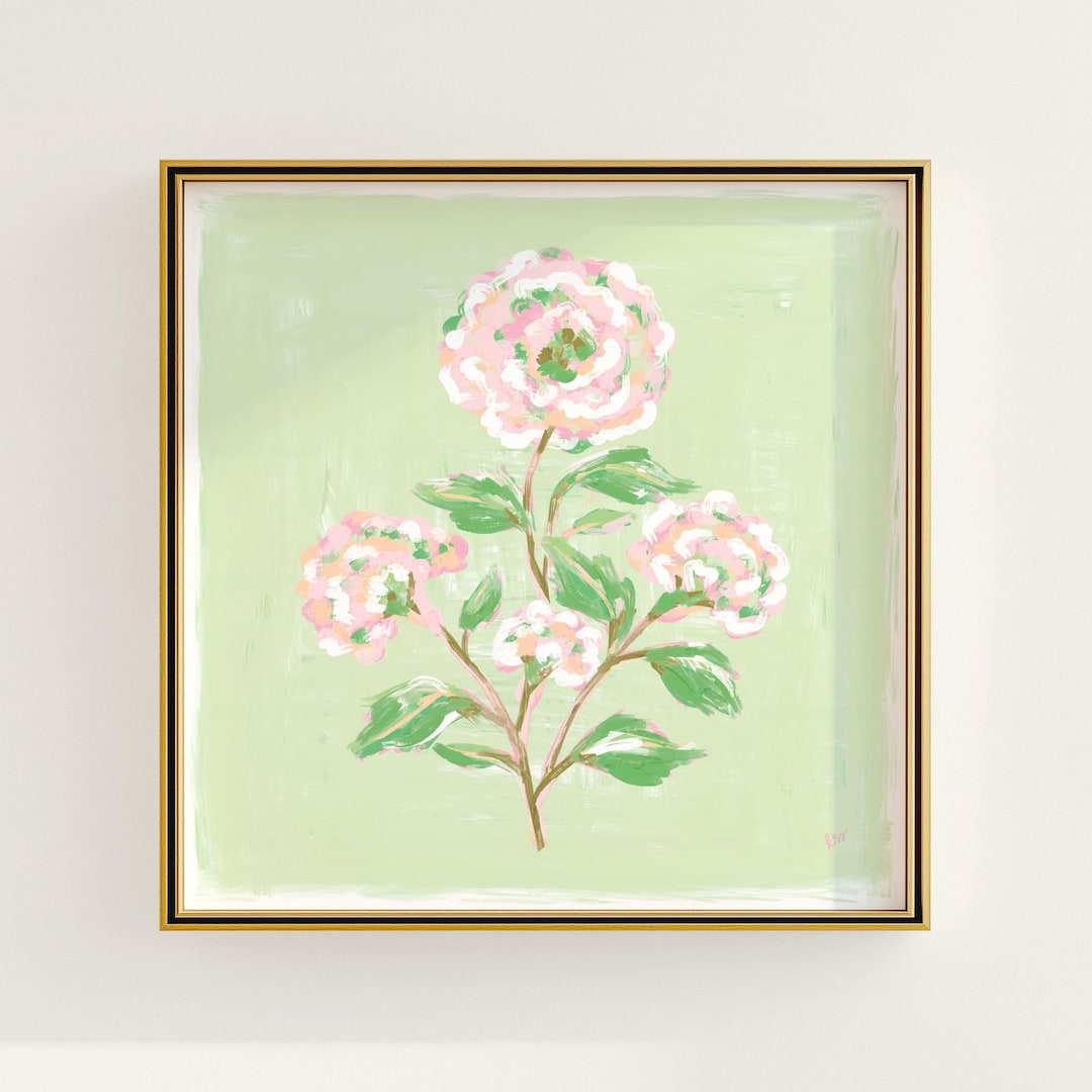 Pink & Green Floral Botanical Print | Grandmillennial Wall Decor ...