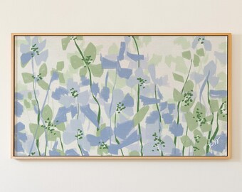Blue Green Frame TV Art, Hand Drawn Botanical Art for Samsung, Preppy Grandmillennial Decor