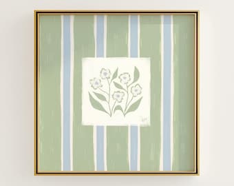 Blue & Green Striped Floral Botanical Print | Grandmillennial Wall Decor | Modern Southern Art | Digital Download