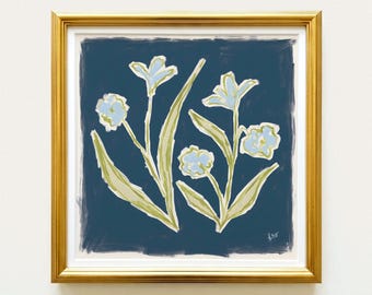 Navy Blue & Green Floral Botanical Print | Grandmillennial Wall Decor | Modern Southern Art | Digital Download