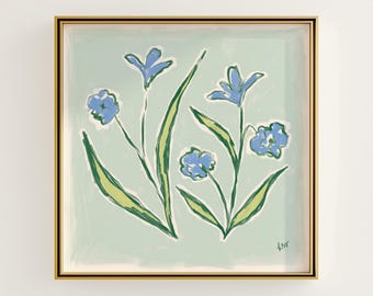 Blue & Green Floral Botanical Print | Grandmillennial Wall Decor | Modern Southern Art | Digital Download