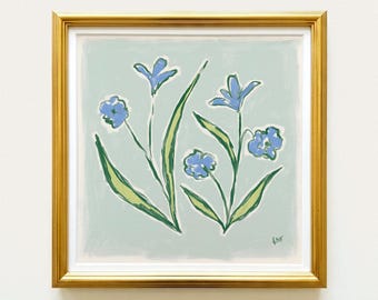 Blue & Green Floral Botanical Print | Grandmillennial Wall Decor | Modern Southern Art | Digital Download