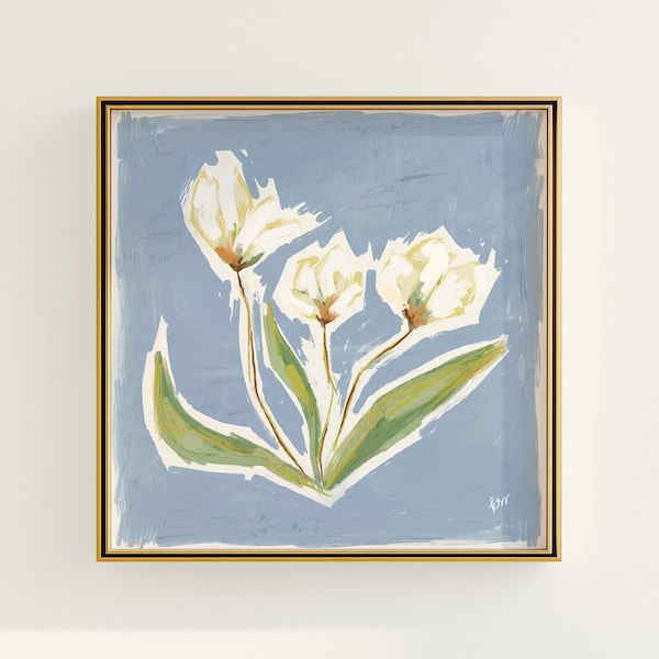 Blauwe en groene botanische bloemenprint | Grandmillennial muurdecoratie | Moderne zuidelijke kunst | Digitale download