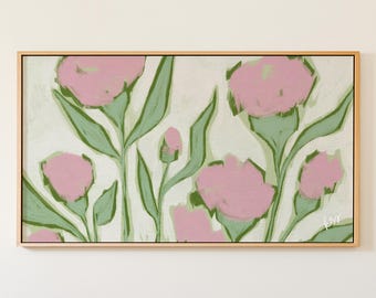 Pink Green Frame TV Art, Hand Drawn Botanical Art for Samsung, Preppy Grandmillennial Decor
