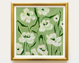 Pearl White Olive Green Roses Botanical Print | Hand Drawn Floral Wall Art | Rainey Studio