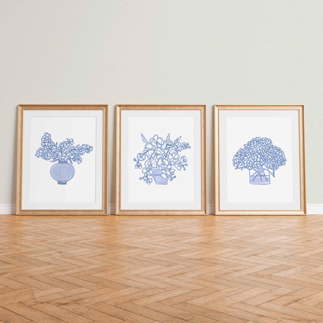 Three Piece Floral Wall Art Set Triptych Wall Art Preppy Coastal ...