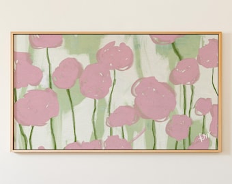 Pink Green Frame TV Art, Hand Drawn Botanical Art for Samsung, Preppy Grandmillennial Decor