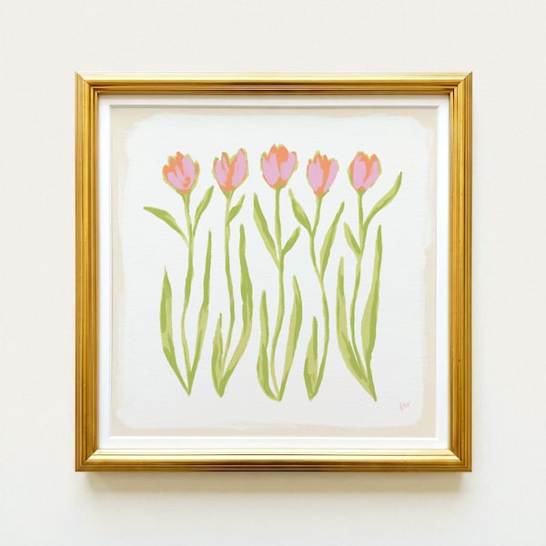 Pink & Green Tulip Floral Botanical Print | Grandmillennial Wall Decor | Modern Southern Art | Digital Download