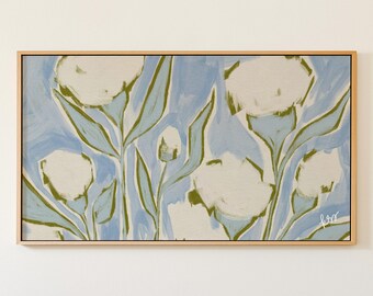 Blue Green Frame TV Art, Hand Drawn Botanical Art for Samsung, Preppy Grandmillennial Decor