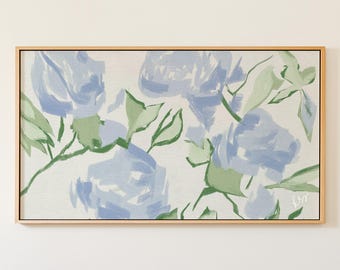 Blue Green Frame TV Art, Hand Drawn Botanical Art for Samsung, Preppy Grandmillennial Decor