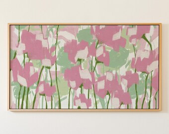 Pink Green Frame TV Art, Hand Drawn Botanical Art for Samsung, Preppy Grandmillennial Decor