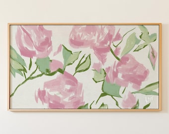 Pink Green Frame TV Art, Hand Drawn Botanical Art for Samsung, Preppy Grandmillennial Decor