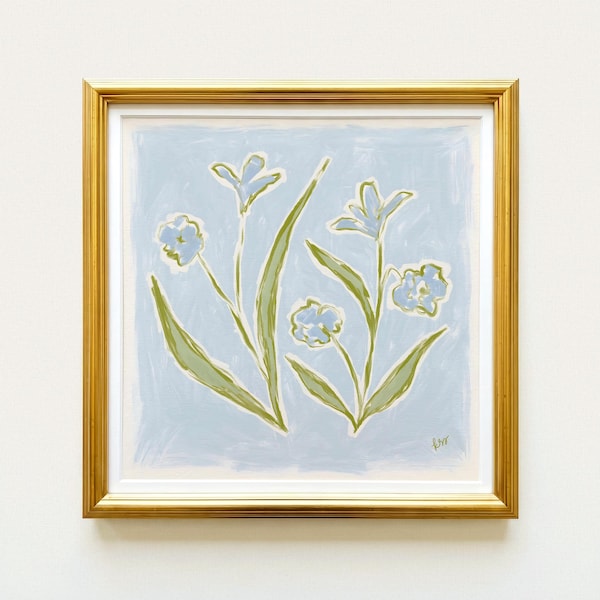 Blue & Green Floral Botanical Print | Grandmillennial Wall Decor | Modern Southern Art | Digital Download