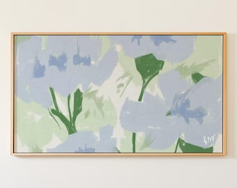 Blue Green Frame TV Art, Hand Drawn Botanical Art for Samsung, Preppy Grandmillennial Decor