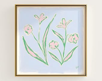 Blue, Green & Pink Floral Botanical Print | Grandmillennial Wall Decor | Modern Southern Art | Digital Download