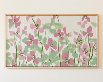 Pink Green Frame TV Art, Hand Drawn Botanical Art for Samsung, Preppy Grandmillennial Decor