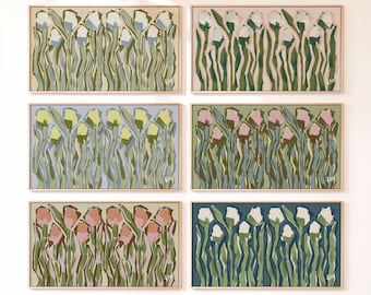 Colorful Tulip Frame TV Art Set of 6, Pink Blue & Green Hand Drawn Florals for Samsung Frame TV, Grandmillennial Decor
