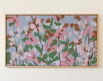 Colorful Pink Blue Green Frame TV Art, Hand Drawn Botanical Art for Samsung, Preppy Grandmillennial Decor