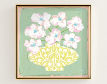 Green & Pink Floral Botanical Print | Grandmillennial Wall Decor | Modern Southern Art | Digital Download