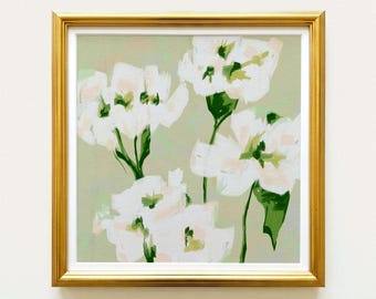 Pearl White Olive Green Roses Botanical Print | Hand Drawn Floral Wall Art | Rainey Studio