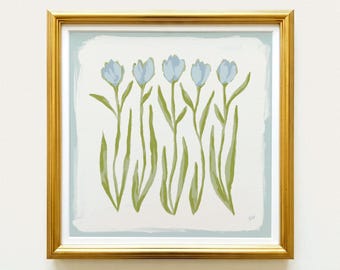 Blue & Green Tulip Floral Botanical Print | Grandmillennial Wall Decor | Modern Southern Art | Digital Download