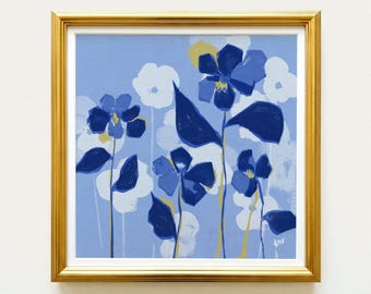 Blue Pansies Botanical Digital Download Print | Hand Drawn Floral Wall Art | Rainey Studio