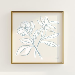 Stampa botanica floreale con schizzi blu e bianchi / Decorazione murale Grandmillennial / Arte moderna del sud / Download digitale