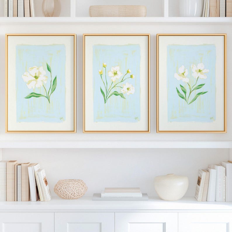Blue & Green Floral Botanical Print Set | Grandmillennial Wall Decor ...