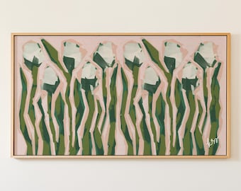 Colorful Pink Green Tulips Frame TV Art, Hand Drawn Botanical Art for Samsung, Preppy Grandmillennial Decor