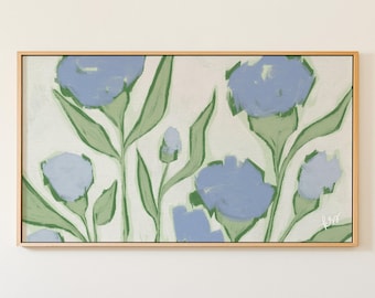 Blue Green Frame TV Art, Hand Drawn Botanical Art for Samsung, Preppy Grandmillennial Decor