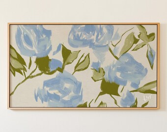 Blue Green Frame TV Art, Hand Drawn Botanical Art for Samsung, Preppy Grandmillennial Decor