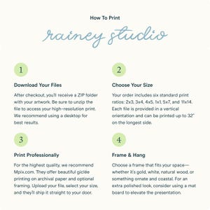 The image is a guide on how to print from Rainey Studio, providing step-by-step instructions on how to print professionally and choose the right frame and hang for your space.