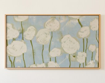 Blue Green Frame TV Art, Hand Drawn Botanical Art for Samsung, Preppy Grandmillennial Decor