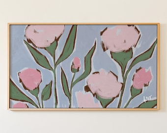 Colorful Pink Blue Green Frame TV Art, Hand Drawn Botanical Art for Samsung, Preppy Grandmillennial Decor