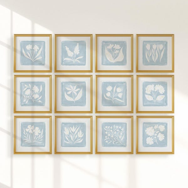 Rainey Studio | Follow the Find | Set of 12 Blue Wall Art | Modern Southern Botanical Art Grandmillennial Elegant Preppy Chinoiserie Decor