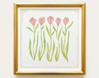 Pink & Green Tulip Floral Botanical Print | Grandmillennial Wall Decor | Modern Southern Art | Digital Download
