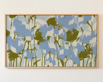 Blue Green Frame TV Art, Hand Drawn Botanical Art for Samsung, Preppy Grandmillennial Decor