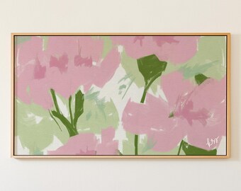 Pink Green Frame TV Art, Hand Drawn Botanical Art for Samsung, Preppy Grandmillennial Decor