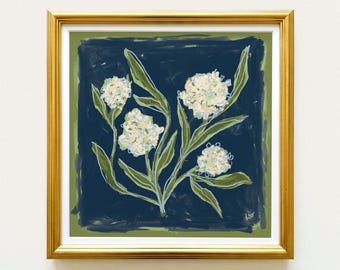 Navy Blue & Green Floral Botanical Print | Grandmillennial Wall Decor | Modern Southern Art | Digital Download
